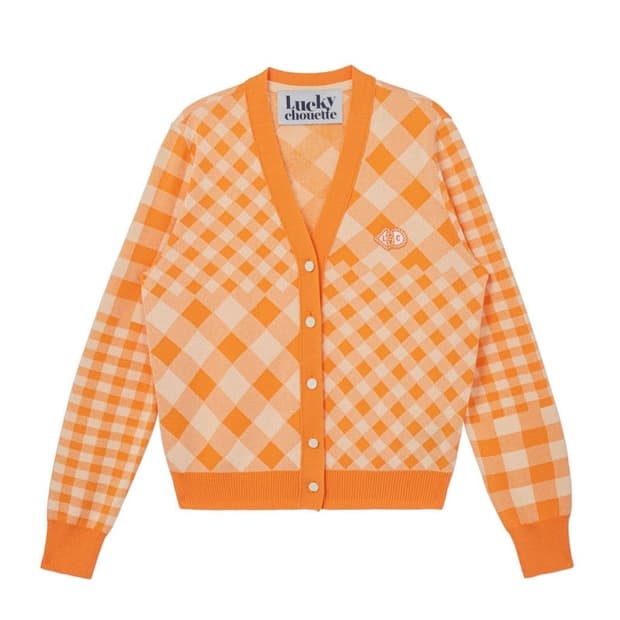 럭키슈에뜨 오렌지 체크 버튼 포인트 가디건 니트 38