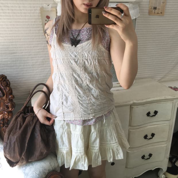 일본빈티지 아이보리 레이스 패치워크 모리 슬리브리스