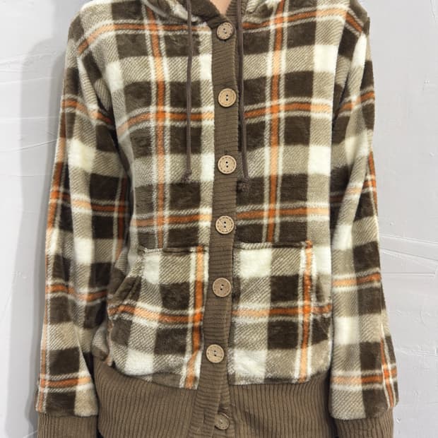 check fleece hood cardigan