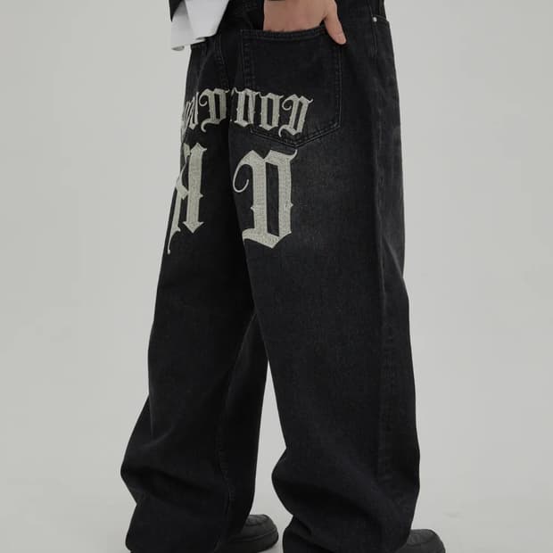 후드후드 HD 체인 자수 데님 팬츠 블랙