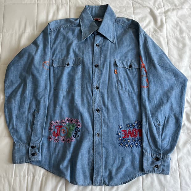 70's LEVI'S 샴브레이 자수 셔츠 L