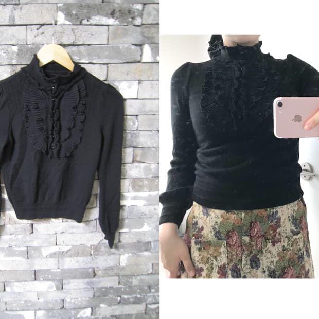 black  prill lace ruffle knit  blouse T