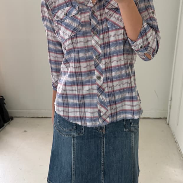 일본빈티지 체크 칠부반팔 셔츠