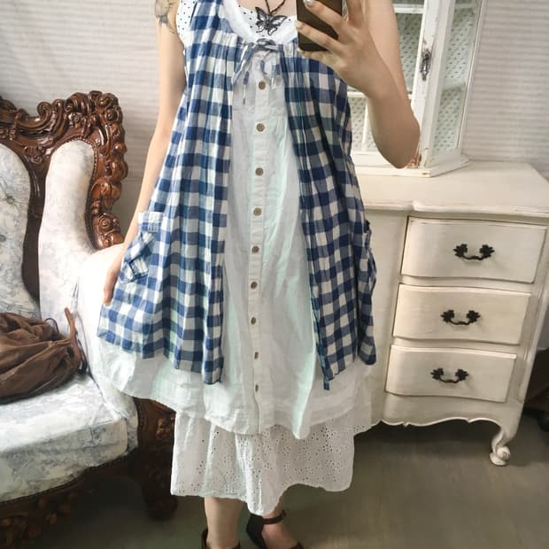 jpn vintage 블루 체크 바선생 모리 레이어드 원피스