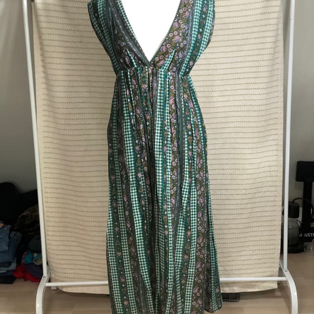 일본 빈티지 그린 플라워 패턴 플로럴 쉬폰 나시 모리걸 롱 원피스