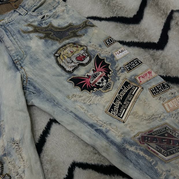 [38]빈티지 가죽 디테일 할리데이비슨 패치워크 데미지 데님 팬츠