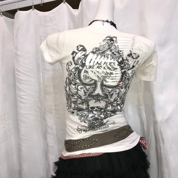 JPN Vintage 락 펑크 갸루 스컬 백 슬래시 반팔