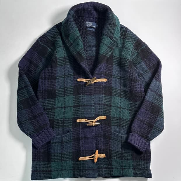 90s 폴로 블랙와치 울 더플 가디건