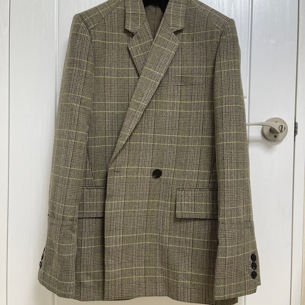 우영미 브라운 체크 롱 더블 자켓 50 사이즈