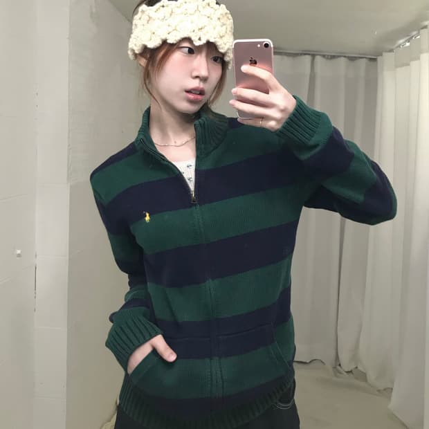 폴로 네이비 그린 단가라 니트 집업