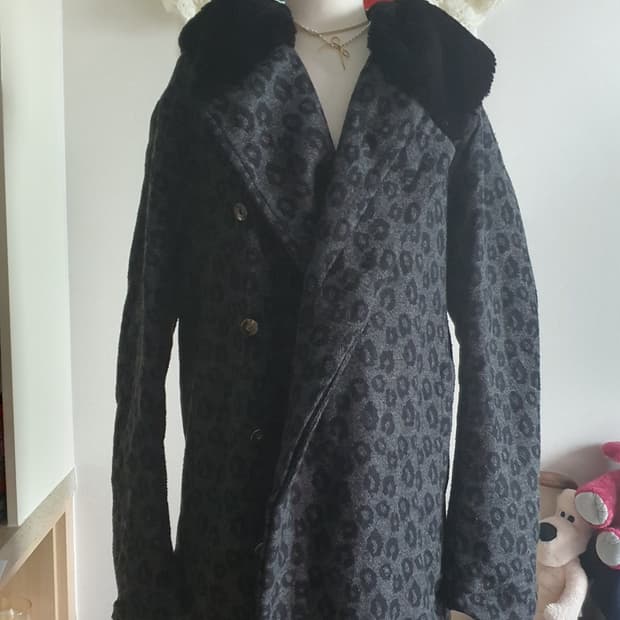 [갸루] 레오파드 퍼 카라 더블 코트 겨울외투