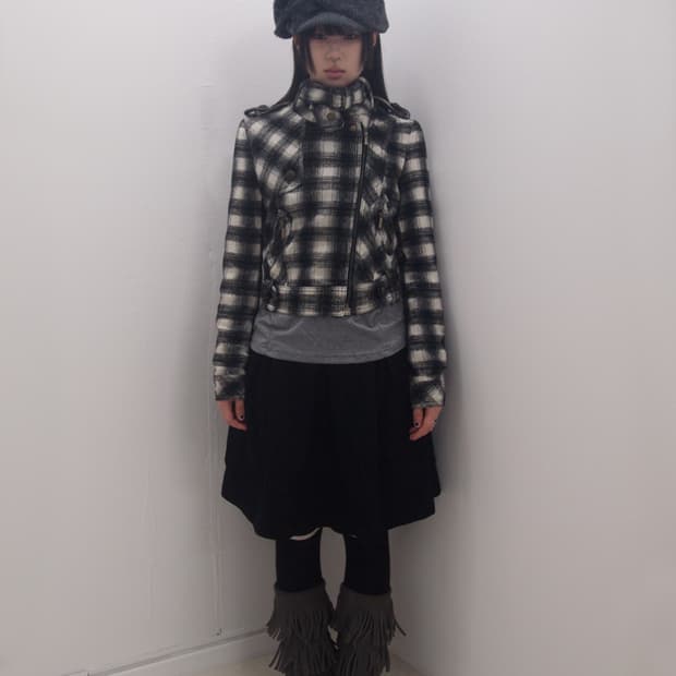 Check belted mini rider wool jacket