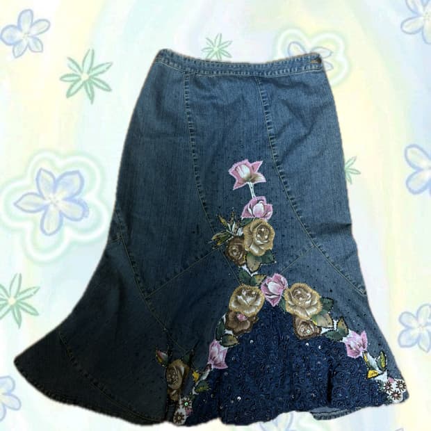 Oriental vintage long denim skirt