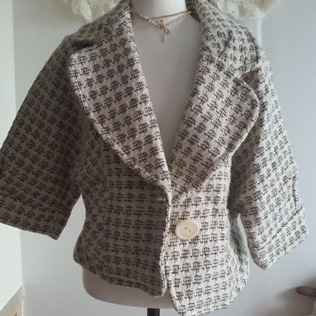 [빈티지] 양모 체크무늬 반팔 트위드 코트