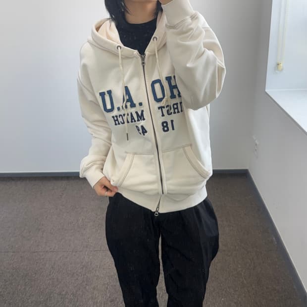Who A U 후아유 네이비 로고 아이보리 후드집업