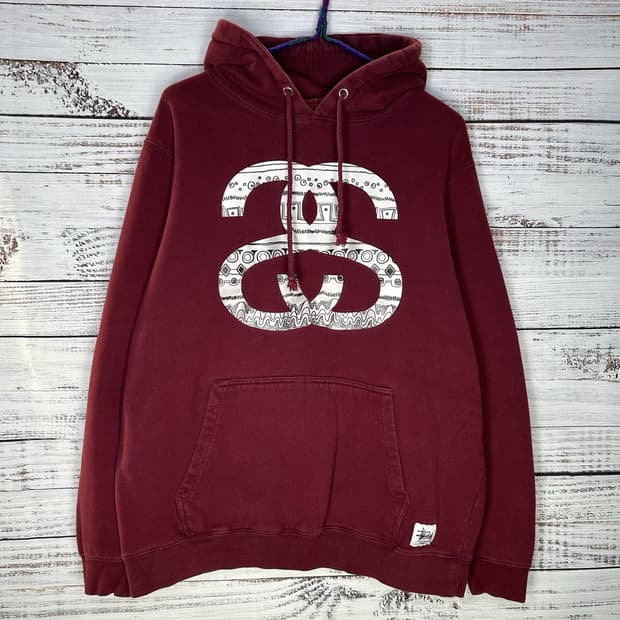 00s 스투시 인트리케이트 더블 SS 링크 후드티 버건디