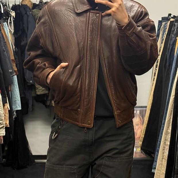 지아노 발렌타인 브라운 갈색 양가죽 가죽 레더 점퍼 이태리 봄버 블루종