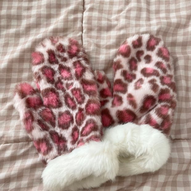 모리걸 빈티지 갸루 핑크 레오파드 털장갑 💗🤎