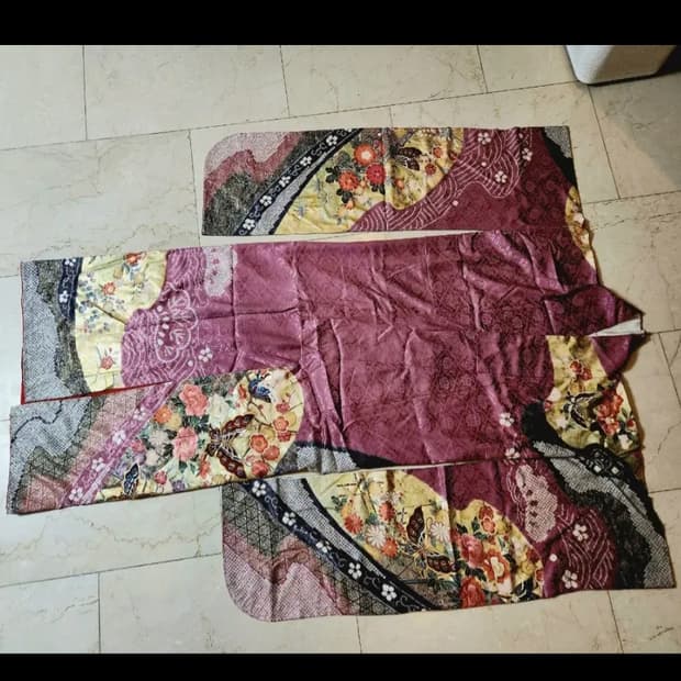 일본 장인제작 나비 실크 후리소데 기모노+오비+속 기모노 세트