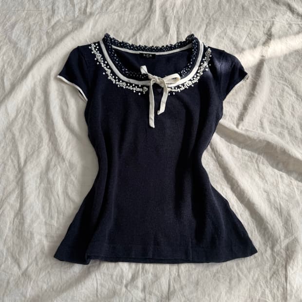 네이비 긱시크 러블리 공겜여주 반팔 블라우스탑