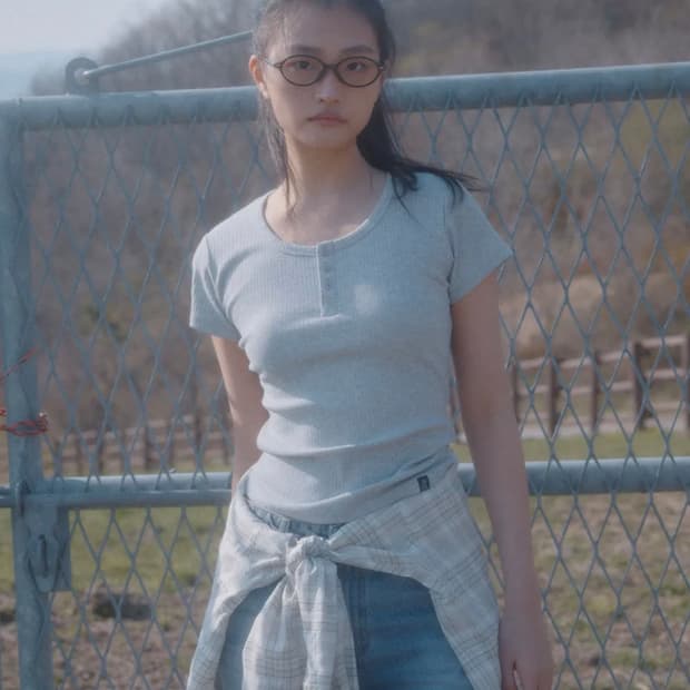 엘무드 우먼 딥 라운드 버튼 리브드 티셔츠 멜란지 그레이 38