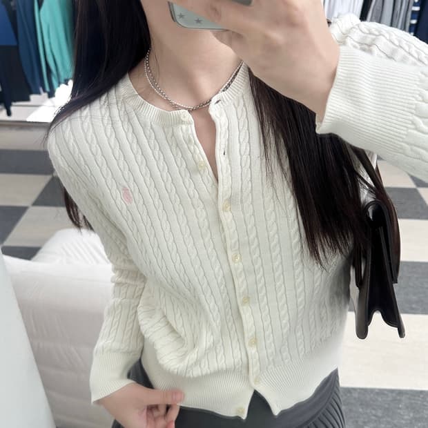 폴로 랄프로렌 아이보리 연핑크 포니 케이블 니트 가디건 