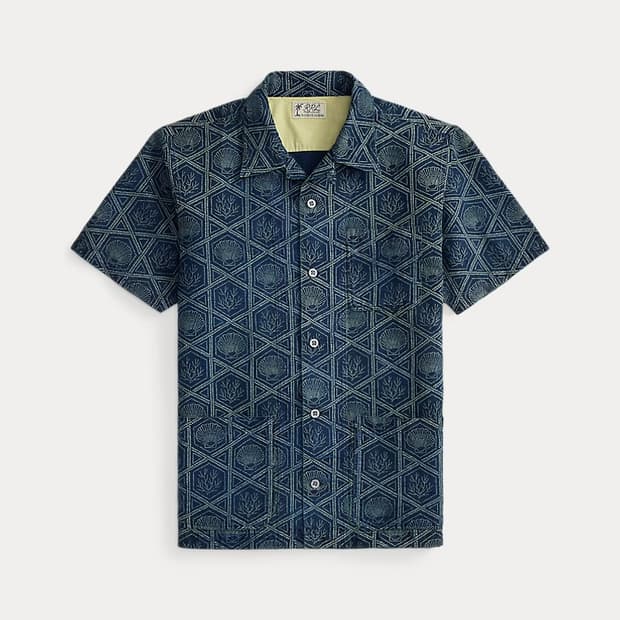 RRL 인디고 셸 프린트 리넨 코튼 셔츠