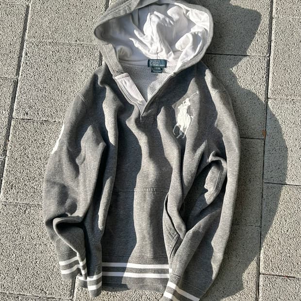 *rare* 2000s polo 폴로 그레이 빅포니 스트라이프 후드티