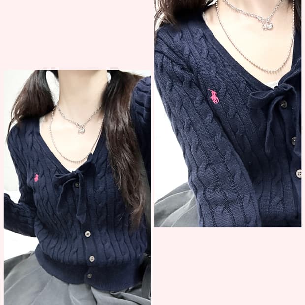 폴로 핑크포니 네이비 리본 케이블 가디건