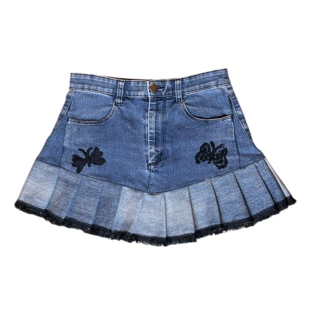 JPN 리워크 데님 자수디테일 플리츠 미니스커트 M