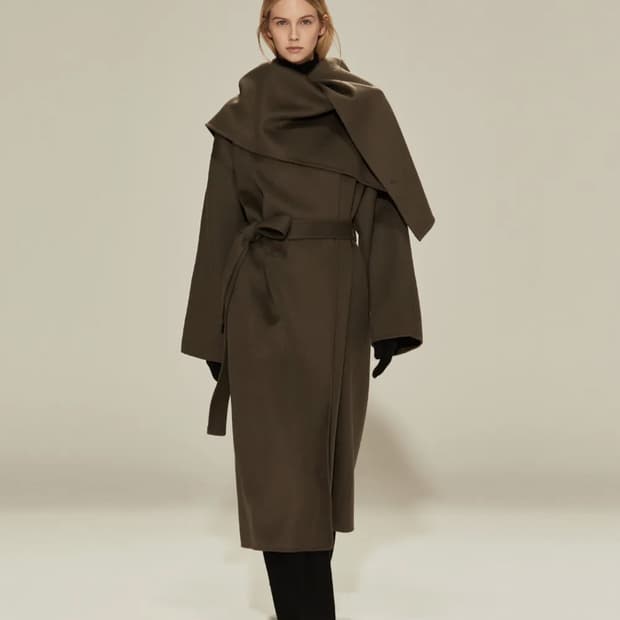 리디피 울 100 드레이프 숄 칼라 롱코트 카키