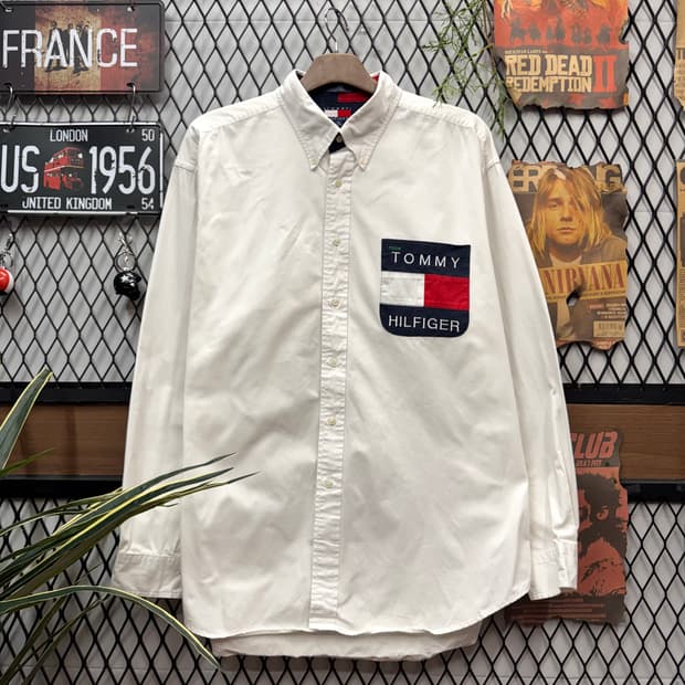 90s 타미힐피거 오버사이즈 셔츠 전면 빅플래그 로고 포인트 화이트