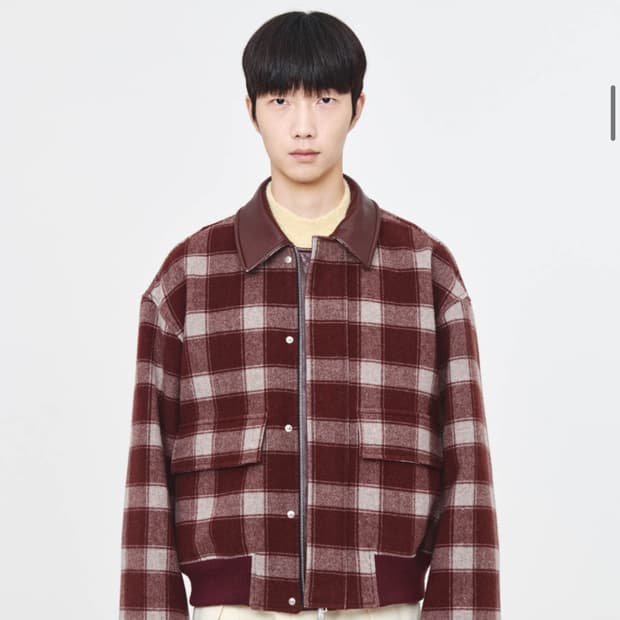 애프터프레이 레더 칼라 체크 울 블루종 버건디