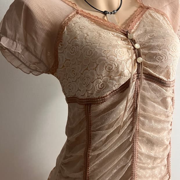 Shirring lace chiffon top
