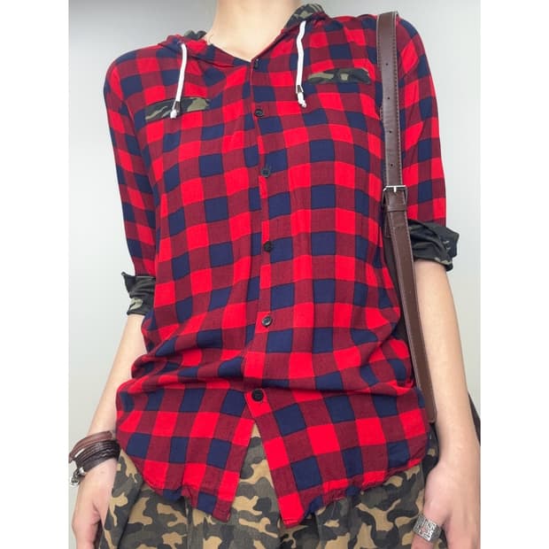 빈티지 체크 카모 후드 셔츠 y2k