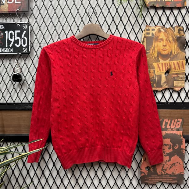 폴로 랄프로렌 케이블 니트 네이비 포니 로고 포인트 레드