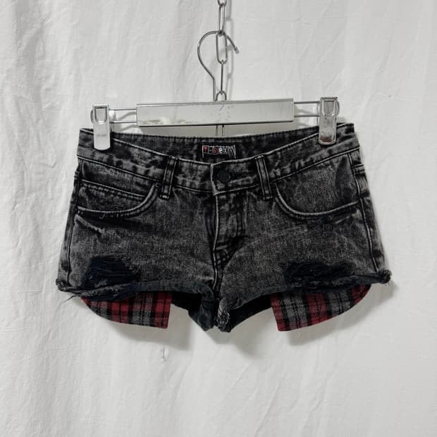 Acid wash plaid lined denim shorts