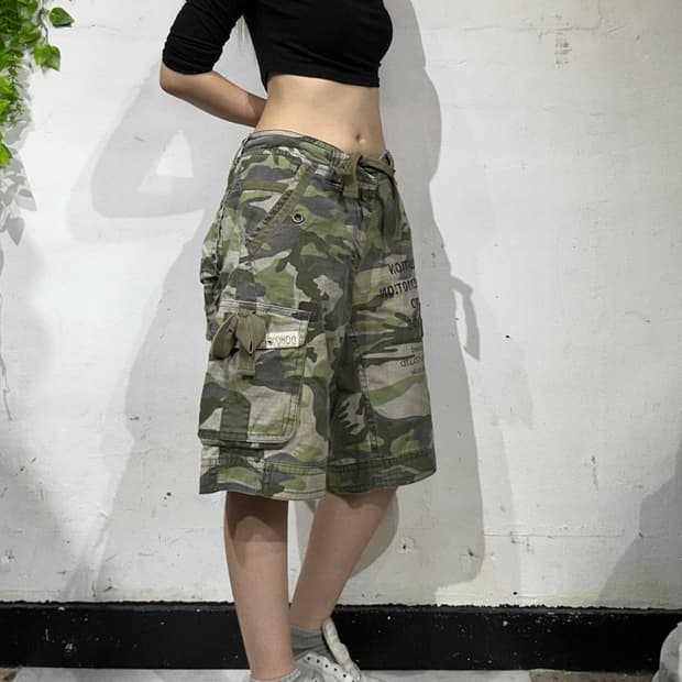 도치 빈티지 카키 밀리터리 카모 와이드 카고 팬츠 버뮤다 반바지