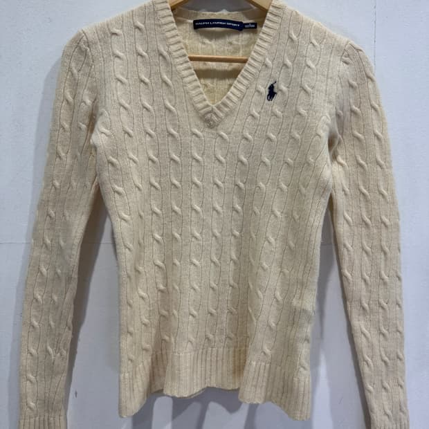 랄프로렌 아이보리 케이블 브이넥 니트 S
