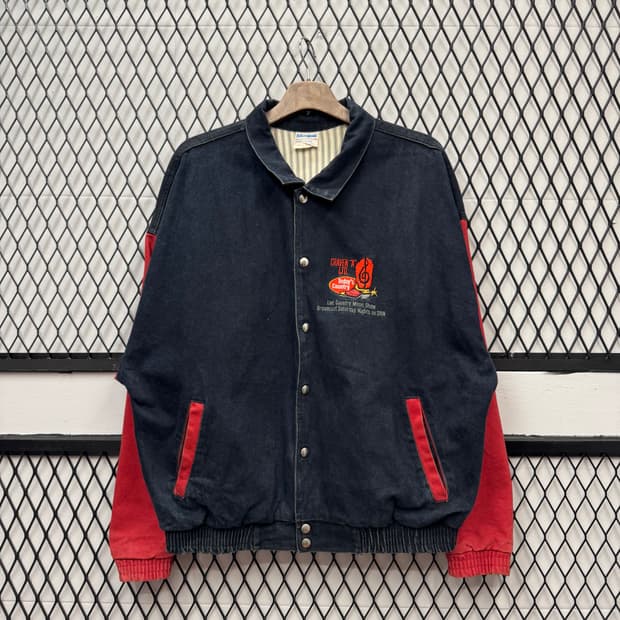 USA VTG 90s 빈티지 블랙 데님 바시티 레드 배색 워크 자켓