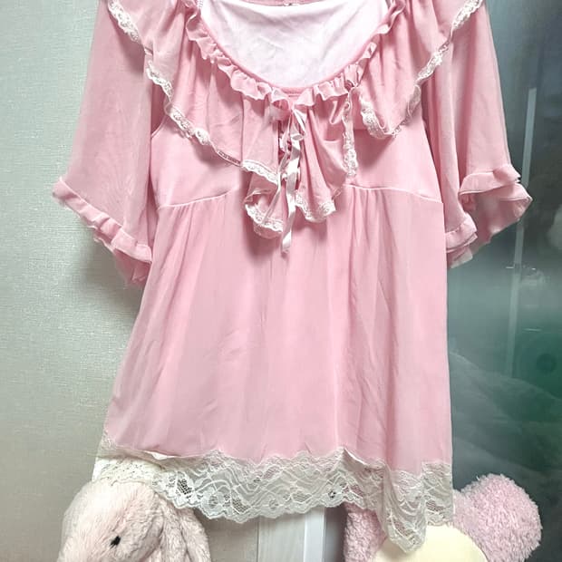 대대장템 빈티지 히메갸루 레이스 프릴 핑크 블라우스