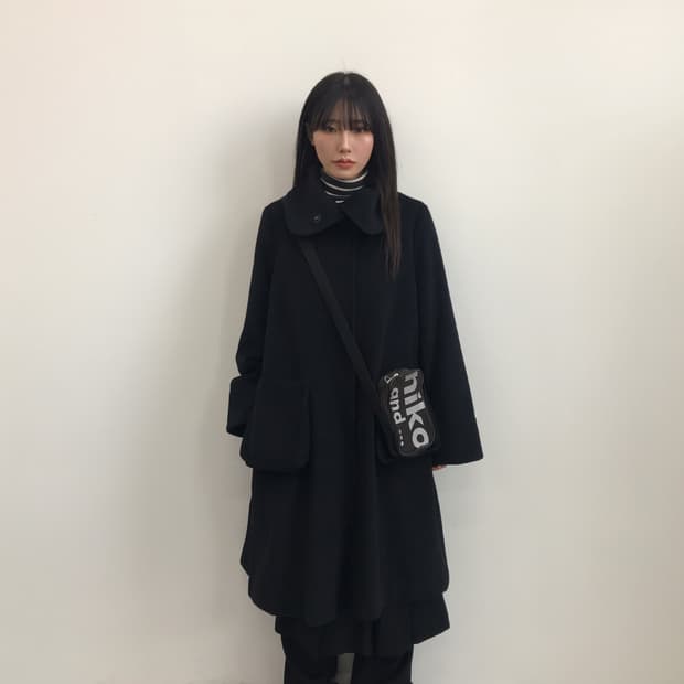 Angora Blend Black High-Neck Long Coat