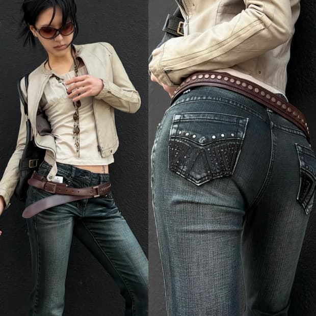 y2k 워싱 스터드 스톤 부츠컷 펑크