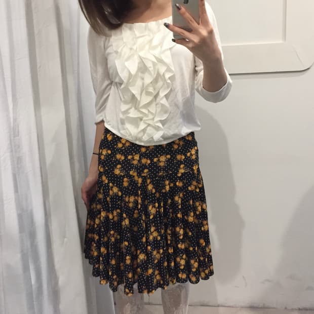 Vintage 페어리 에스닉 로맨틱 도트 플라워 미디스커트