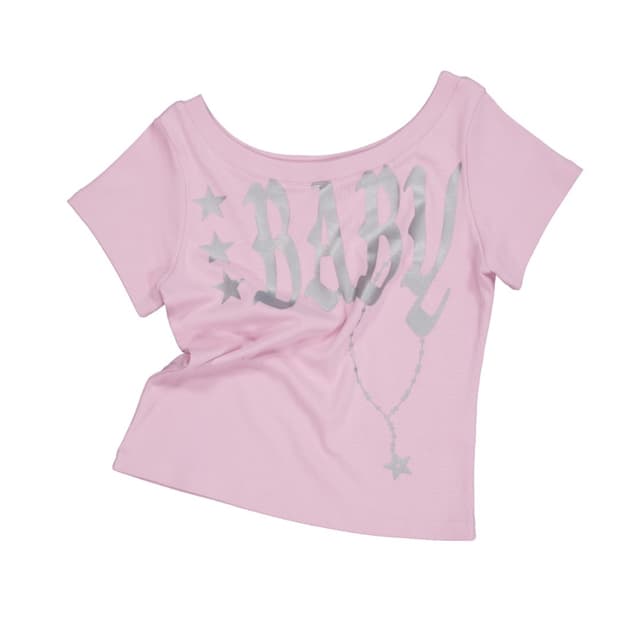 셋업이엑스이 베이비 와이드 넥 탑 핑크 원오프숄더 반팔 티셔츠