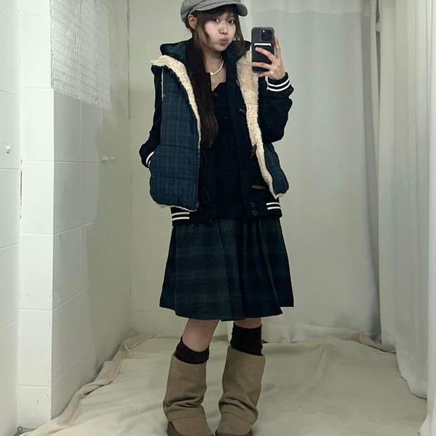 그린체크 모리걸 프레피 패딩조끼 코디세트