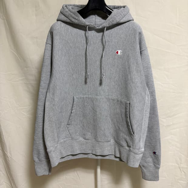 챔피온 리버스위브 기모 로고 후드티 / 그레이, L