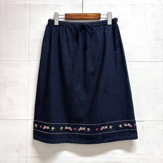 청 데님 꽃 자수 모리걸 미디 스커트 JPN 