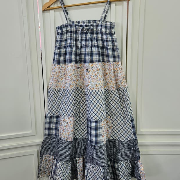 패치워크 체크 플라워 끈 원피스