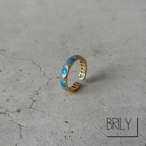 [Unisex] SEA 블루 스퀘어 골드 콤비 오픈링 뱅글 반지